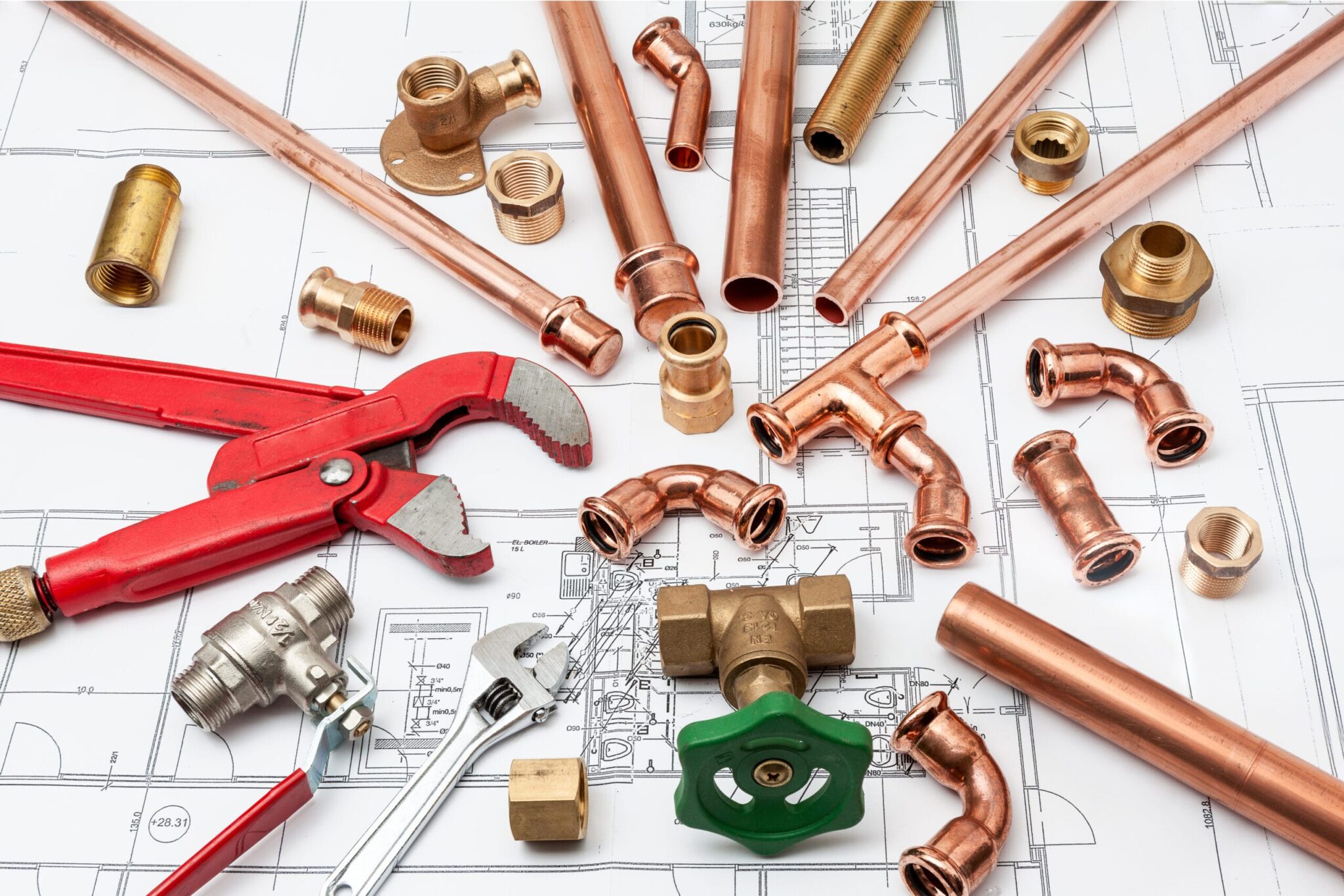 Copper pipes, fittings, valves, and plumbing tools in Jupiter