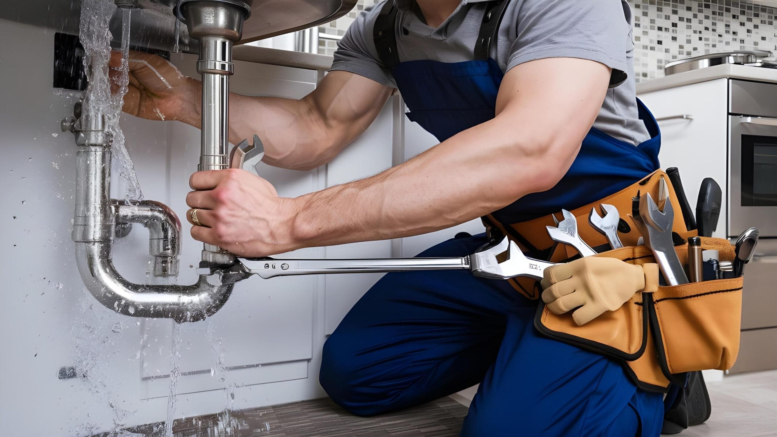 Plumber tightening a residential plumbing pipe in Jupiter